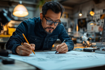Poster - Modern industrial designer engaging in creative sketching at a workspace