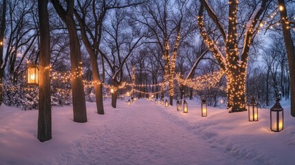 Poster - Enchanted Winter Pathway Illuminated by Glowing Lanterns and Strings of Lights Amidst a Snowy Landscape at Dusk