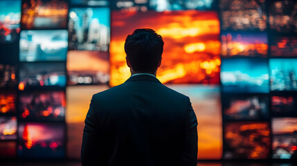 Poster - A person in a suit gazes at a wall of vibrant images showcasing various landscapes.
