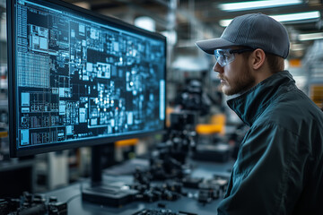 Poster - Quality control specialist inspects intricate details on a large monitor