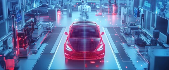 Poster - A futuristic automotive factory with a digital car model and robotics.