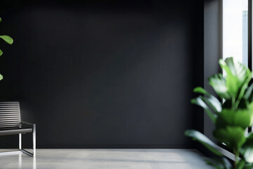 Wall Mural - Empty black office wall Mockup. Blank modern dark interior softly lighted by a large window. Generative ai