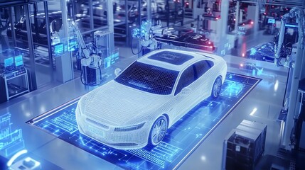 Poster - A futuristic car model displayed in a high-tech manufacturing facility.