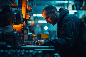 Poster - CNC machine operator engaged in intricate manufacturing process inside workshop