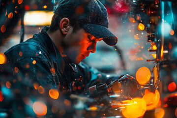 Poster - Midnight mechanic immersed in sparks and glow of an industrious workshop