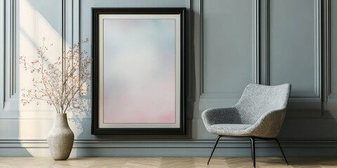 Wall Mural - A modern black frame holding a watercolor painting, leaning against a wall in a stylish room.