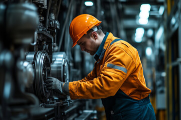 Poster - Mechanic working diligently on industrial machinery in a bustling factory