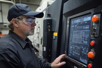 Fototapete - Operator oversees CNC machine's control panel in production