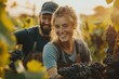 © Lubos Chlubny - Winegrowers harvesting red grapes in vineyard at sunset smiling