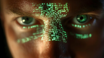 Aufkleber - A close-up of a face with glowing binary code projected onto the skin.