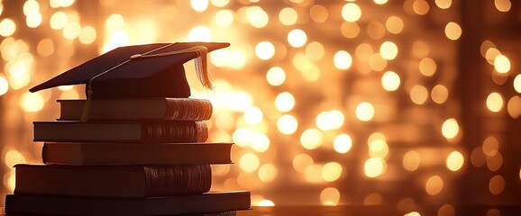 Poster - A graduation cap atop stacked books with a blurred golden background.