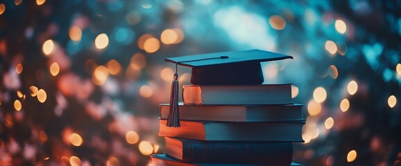 Poster - A graduation cap rests atop a stack of books, symbolizing education.