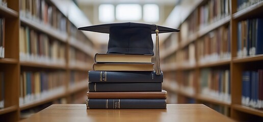 Poster - A graduation cap rests atop stacked books in a library setting.