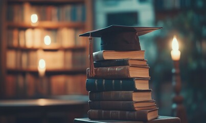 Poster - A graduation cap rests atop stacked books in a cozy library setting.