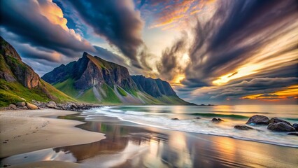 Poster - Surreal Beach Landscape in Norway with Dreamlike Skies and Ethereal Waves, Capturing the Essence of Solitude and Natural Beauty in a Remote Coastal Setting