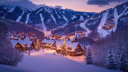 Poster - Serene Winter Landscape with Snow-Covered Mountains, Cozy Cabins, and Twinkling Lights Under a Beautiful Twilight Sky in the Heart of Nature