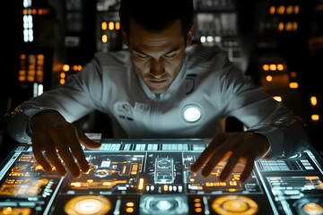 Aufkleber - A focused individual interacts with a futuristic control panel, surrounded by high-tech displays.