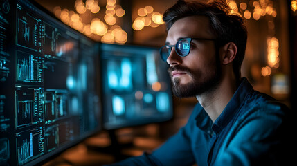 Poster - A focused individual analyzes data on multiple screens in a dimly lit environment.