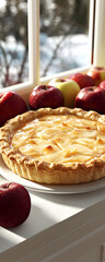 Canvas Print - Delicious apple pie on a windowsill, surrounded by fresh apples.