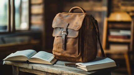 Aufkleber - A leather backpack rests on a table beside open books in a cozy setting.