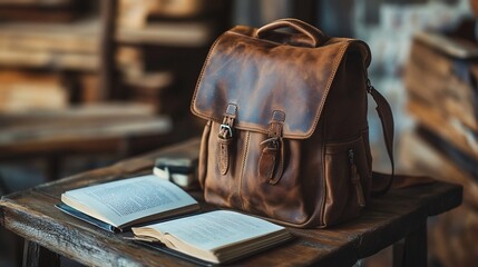Poster - A leather bag beside open books on a wooden table in a cozy setting.