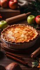 Wall Mural - Delicious homemade apple pie on wooden table with apples and cinnamon sticks.