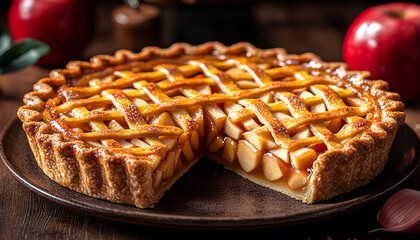 Wall Mural - Delicious homemade apple pie with a slice removed, displayed on a rustic wooden table.