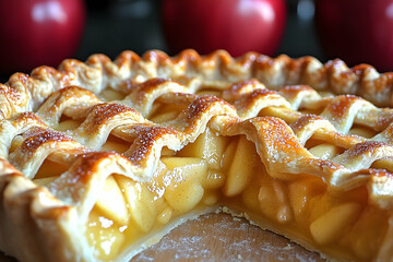 Wall Mural - Delicious homemade apple pie with a slice removed, showing juicy apple filling and lattice crust.