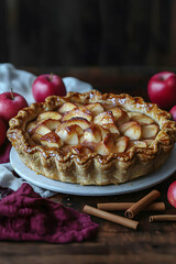 Wall Mural - Delicious homemade apple pie with cinnamon sticks on rustic wooden table.