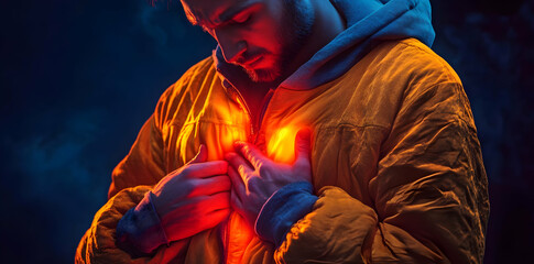 Poster - A man in a glowing jacket appears introspective, with a warm light emanating from his chest.