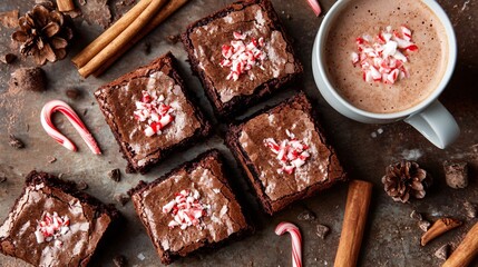 Poster - Flat lay of brownies surrounded by candy cane shards, cinnamon sticks, and a cup of hot peppermint cocoa