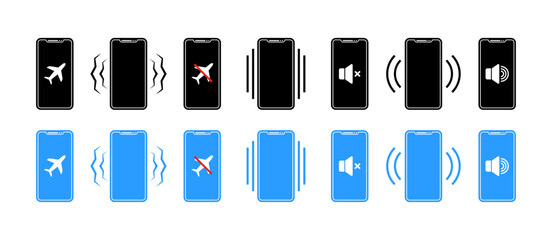 Poster - Sound indicator on your phone. Flight Mode Icons. Silhouette & Flat Style. Vector icons