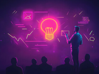 Aufkleber - A person presenting innovative ideas with a glowing light bulb and abstract graphics.