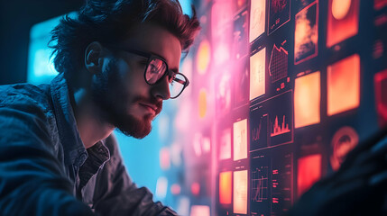 Poster - A focused individual analyzes data on a digital screen filled with vibrant graphics.