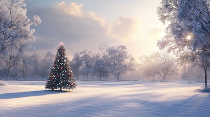 Poster - A Majestic Winter Landscape Featuring a Festively Decorated Christmas Tree Surrounded by Snow-Covered Trees Under a Soft Winter Sky During Sunrise