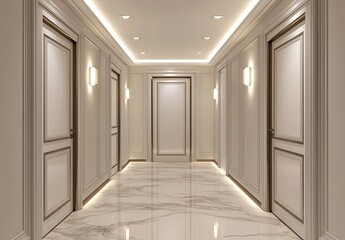 Wall Mural - Abstract white corridor with doors and lights, a minimalistic interior design of the hall in an office, museum, or gallery