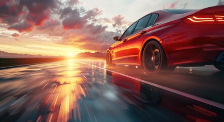 Wall Mural - Car Advertising. Luxury Red Auto Vehicle Speeds on the Road towards the Sun