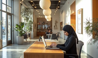 Poster - A woman in a hijab works on a laptop in a modern, bright office space.