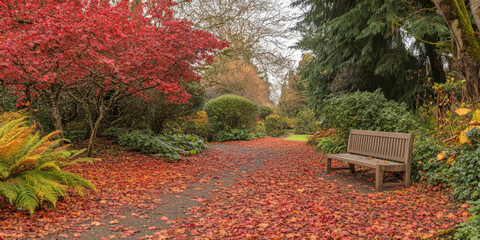 Wall Mural - A vibrant autumn park background with a tree-lined path covered in red and orange leaves. A wooden bench sits to the side, surrounded by colorful foliage. The setting feels cozy and nostalgic, ideal