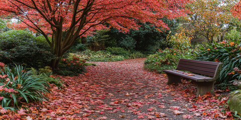 Wall Mural - A vibrant autumn park background with a tree-lined path covered in red and orange leaves. A wooden bench sits to the side, surrounded by colorful foliage. The setting feels cozy and nostalgic, ideal
