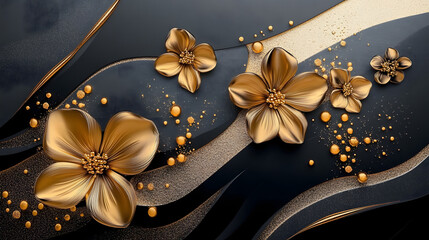 Poster - Golden 3D flowers on a liquid black and gold gray and white background.