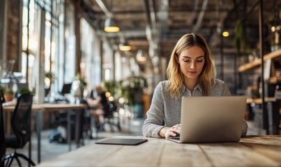Poster - A woman working on a laptop in a modern office space.