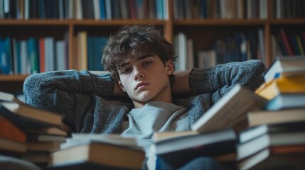 Poster - A young man relaxes among stacks of books, contemplating his studies.