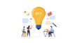 © happysunstock - A vibrant illustration showcasing a light bulb symbolizing ideas, with two individuals discussing concepts at a table, surrounded by speech bubbles.