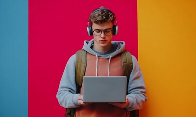 Aufkleber - a young person in headphones uses a laptop against a colorful background.