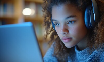 Aufkleber - A young person focused on a laptop while wearing headphones.