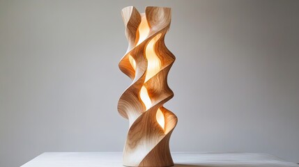 Poster - Sculptural Wooden Lamp with Intricate Curves and Warm Light