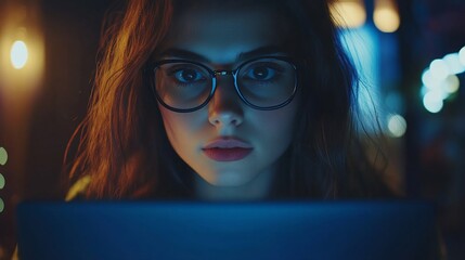 Aufkleber - A young woman intently focused on her laptop screen in a dimly lit room.