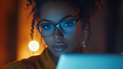 Poster - A young woman with glasses focused on her laptop in a dimly lit space.