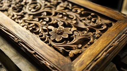 Poster - Intricately Carved Wooden Panel with Floral Motifs